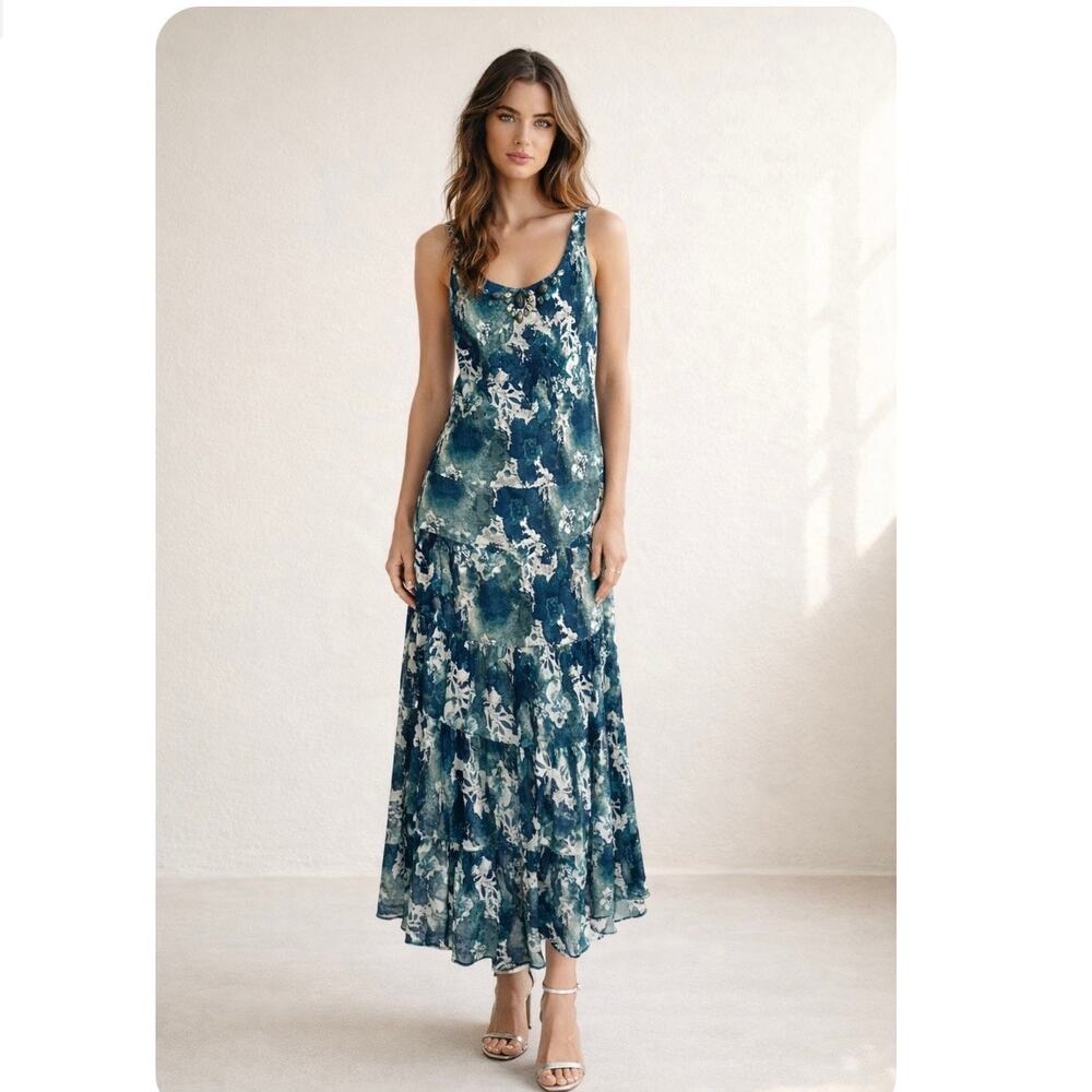 Blue Floral Rhinestone Neckline Romantic Boho Midi Dress Size 4